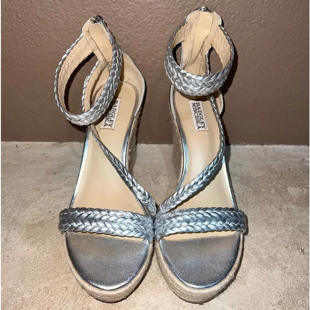 Badgley Mischka Lita Leather Espadrilles Size 8.5 Silver Wedge Sandals